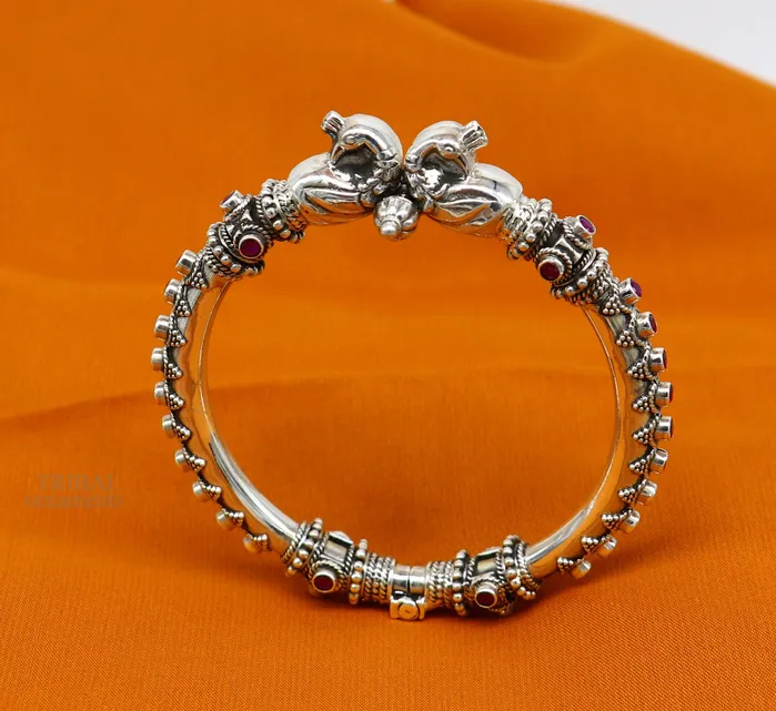 TRIBAL ORNAMENTS Bracelets 925 Sterling silver handmade vintage peacock design garnet stone studded tribal ethnic belly dance bangle bracelet gifting kada nsk438