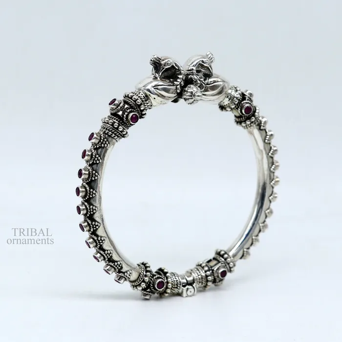 TRIBAL ORNAMENTS Bracelets 925 Sterling silver handmade vintage peacock design garnet stone studded tribal ethnic belly dance bangle bracelet gifting kada nsk438