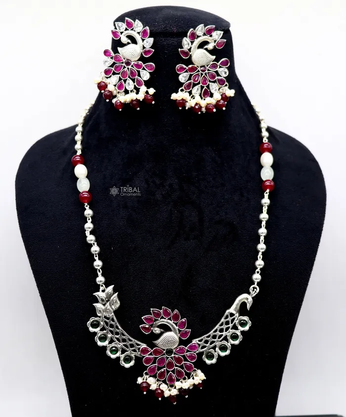 TRIBAL ORNAMENTS Necklaces 925 sterling silver handmade traditional trendy peacock pendant long beaded necklace best brides belly dance Guttapusalu necklace set664 TRIBAL ORNAMENTS Necklaces 925 sterling silver handmade traditional trendy peacock pendant long beaded necklace best brides belly dance Guttapusalu necklace set664