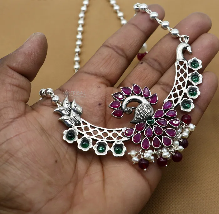 TRIBAL ORNAMENTS Necklaces 925 sterling silver handmade traditional trendy peacock pendant long beaded necklace best brides belly dance Guttapusalu necklace set664 TRIBAL ORNAMENTS Necklaces 925 sterling silver handmade traditional trendy peacock pendant long beaded necklace best brides belly dance Guttapusalu necklace set664