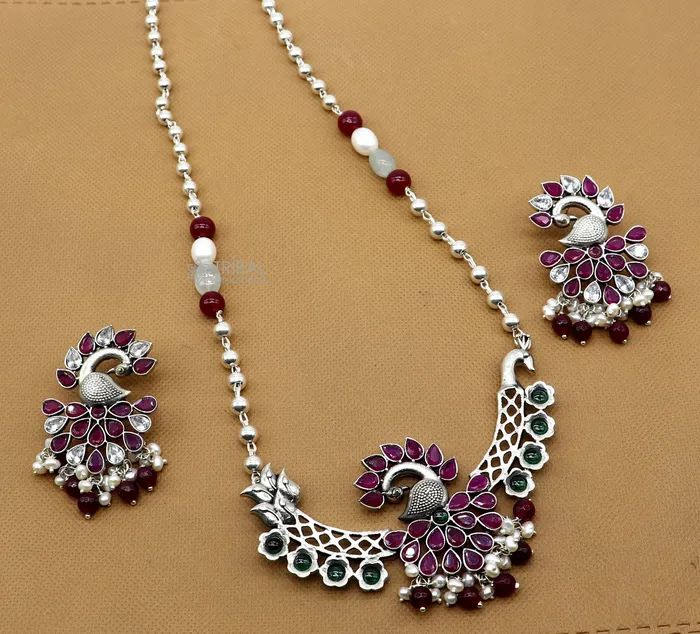 TRIBAL ORNAMENTS Necklaces 925 sterling silver handmade traditional trendy peacock pendant long beaded necklace best brides belly dance Guttapusalu necklace set664 TRIBAL ORNAMENTS Necklaces 925 sterling silver handmade traditional trendy peacock pendant long beaded necklace best brides belly dance Guttapusalu necklace set664