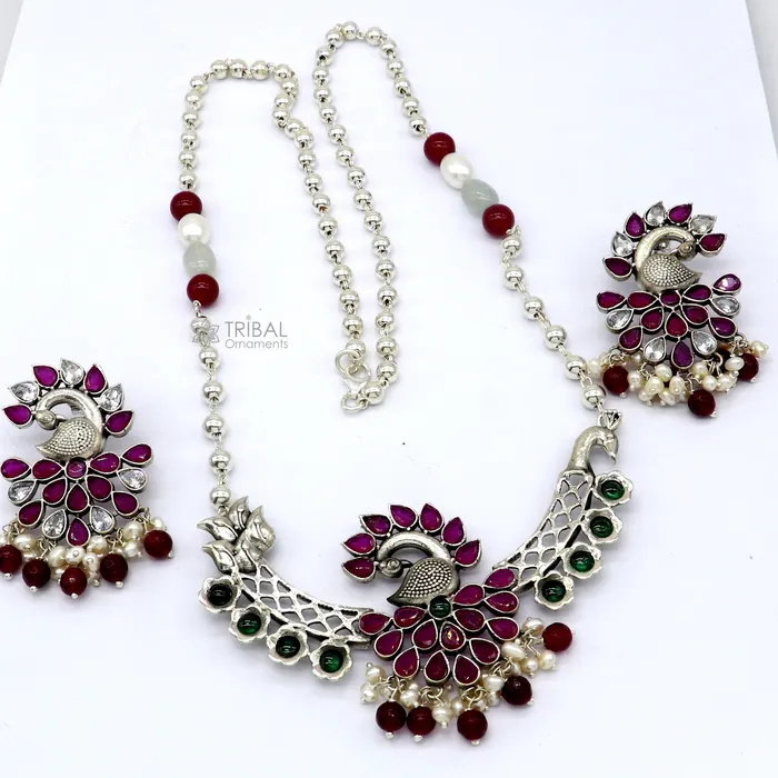 TRIBAL ORNAMENTS Necklaces 925 sterling silver handmade traditional trendy peacock pendant long beaded necklace best brides belly dance Guttapusalu necklace set664 TRIBAL ORNAMENTS Necklaces 925 sterling silver handmade traditional trendy peacock pendant long beaded necklace best brides belly dance Guttapusalu necklace set664