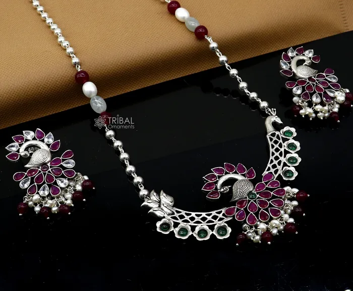 TRIBAL ORNAMENTS Necklaces 925 sterling silver handmade traditional trendy peacock pendant long beaded necklace best brides belly dance Guttapusalu necklace set664 TRIBAL ORNAMENTS Necklaces 925 sterling silver handmade traditional trendy peacock pendant long beaded necklace best brides belly dance Guttapusalu necklace set664