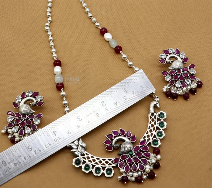 TRIBAL ORNAMENTS Necklaces 925 sterling silver handmade traditional trendy peacock pendant long beaded necklace best brides belly dance Guttapusalu necklace set664 TRIBAL ORNAMENTS Necklaces 925 sterling silver handmade traditional trendy peacock pendant long beaded necklace best brides belly dance Guttapusalu necklace set664