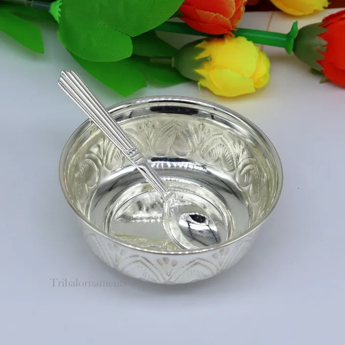 TRIBAL ORNAMENTS Rings Solid 999 silver handmade vintage kandrai nakshi work bowl silver puja vessel silver worshippingpuja utensils prasad bowl baby bowl sv246