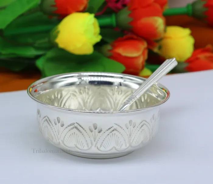 TRIBAL ORNAMENTS Rings Solid 999 silver handmade vintage kandrai nakshi work bowl silver puja vessel silver worshippingpuja utensils prasad bowl baby bowl sv246