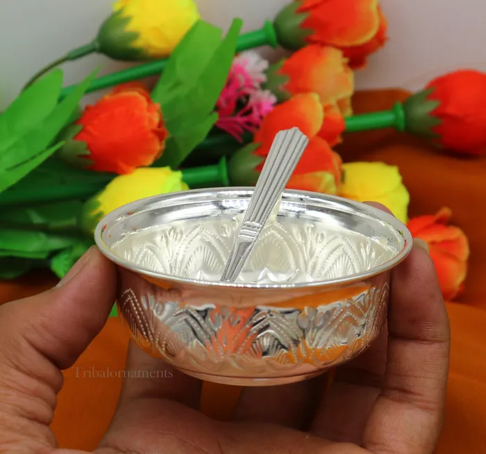 TRIBAL ORNAMENTS Rings Solid 999 silver handmade vintage kandrai nakshi work bowl silver puja vessel silver worshippingpuja utensils prasad bowl baby bowl sv246