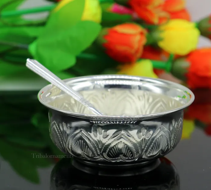 TRIBAL ORNAMENTS Rings Solid 999 silver handmade vintage kandrai nakshi work bowl silver puja vessel silver worshippingpuja utensils prasad bowl baby bowl sv246