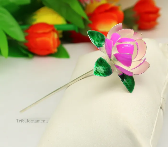 TRIBAL ORNAMENTS Rings Solid sterling silver handmade small lotus flower puja god temple article excellent customized enamel silver worshipping articles su451
