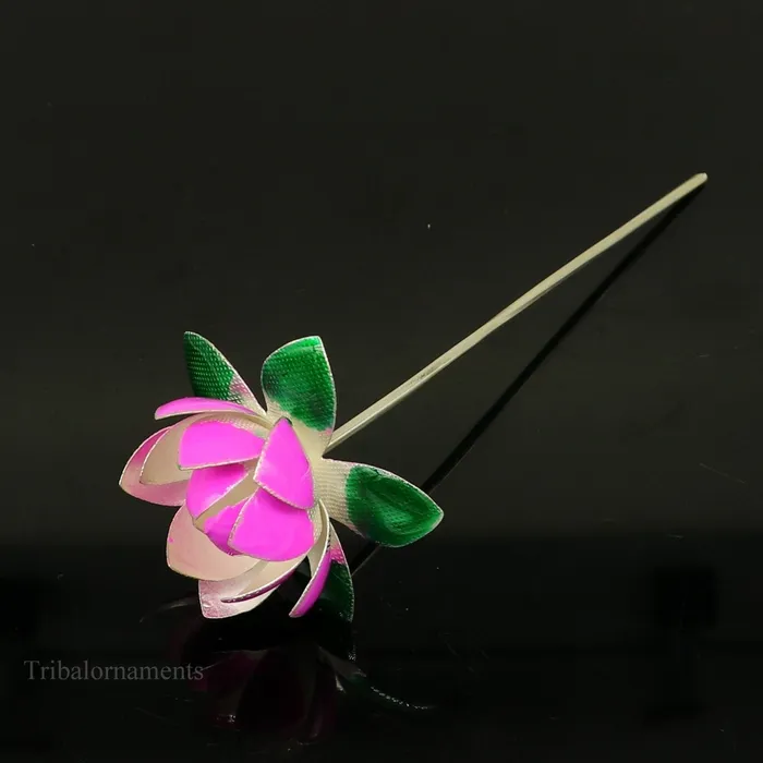 TRIBAL ORNAMENTS Rings Solid sterling silver handmade small lotus flower puja god temple article excellent customized enamel silver worshipping articles su451