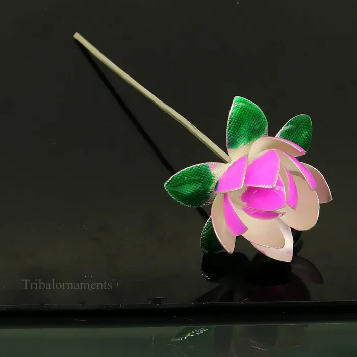 TRIBAL ORNAMENTS Rings Solid sterling silver handmade small lotus flower puja god temple article excellent customized enamel silver worshipping articles su451