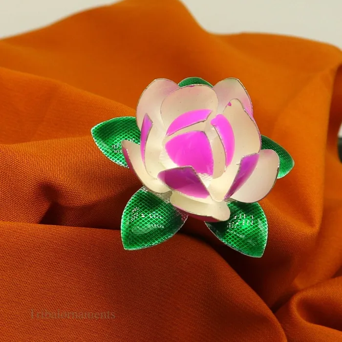 TRIBAL ORNAMENTS Rings Solid sterling silver handmade small lotus flower puja god temple article excellent customized enamel silver worshipping articles su451