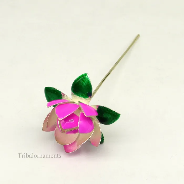 TRIBAL ORNAMENTS Rings Solid sterling silver handmade small lotus flower puja god temple article excellent customized enamel silver worshipping articles su451