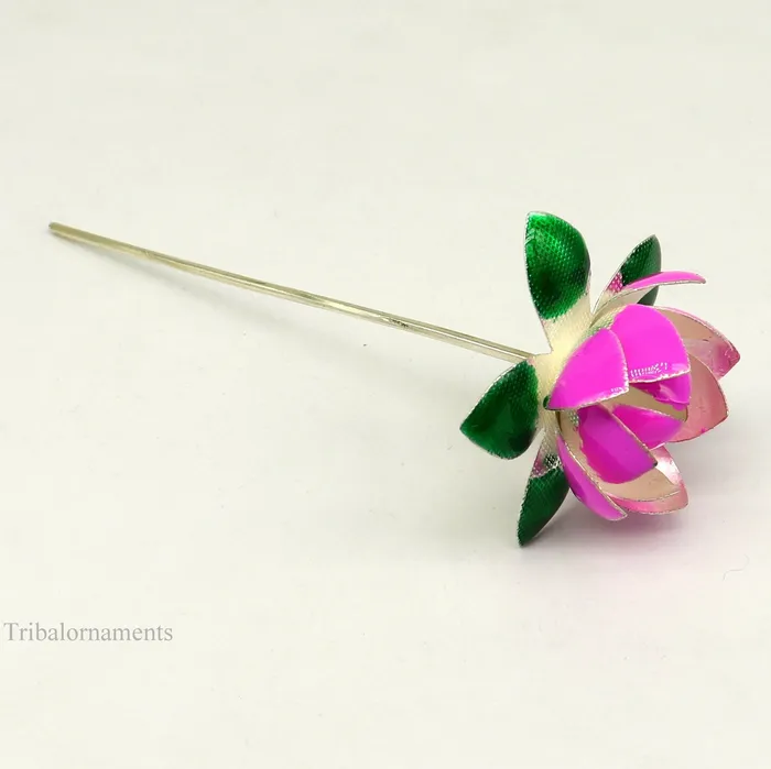 TRIBAL ORNAMENTS Rings Solid sterling silver handmade small lotus flower puja god temple article excellent customized enamel silver worshipping articles su451