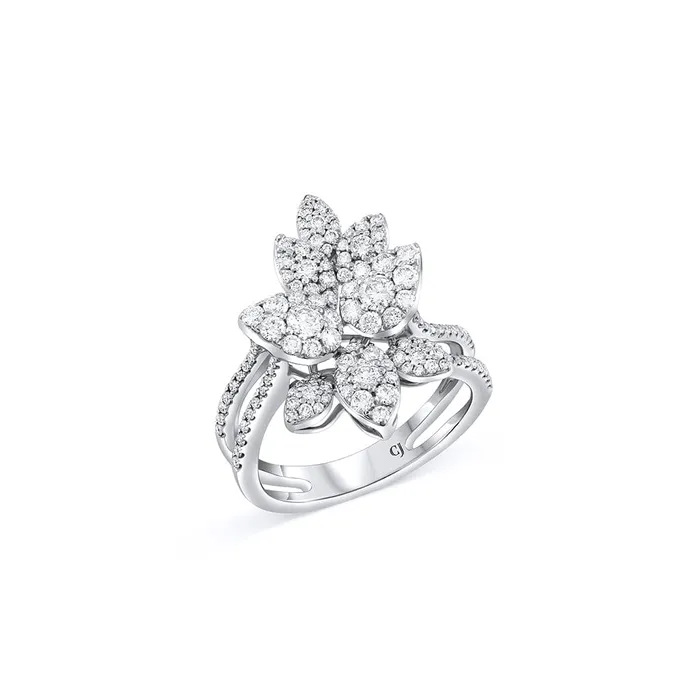 18K White Gold Diamond Cluster Pear and Marquise Motif Split Shank Ring CJ Charles Jewelers Rings