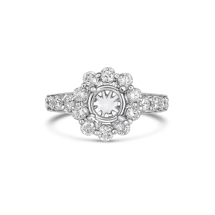 18K White Gold Semi Mount Round Halo Prong Set Beaded Shank Engagement Collections PreStyled Sets 18K White Gold Semi Mount Round Halo Prong Set Beaded Shank Engagement Collections PreStyled Sets