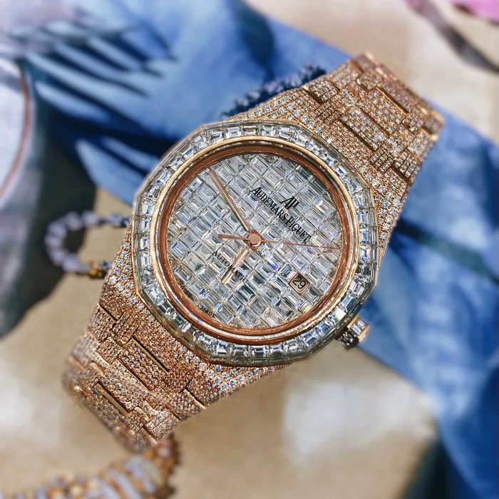 Audemars Piguet Bracelets Audemars Piguet Royal Oak Custom Iced Out 33mm Watch Ref 15500 Pave Diamond Dial Diamond Case in 18K Rose Gold Diamond Bracelet