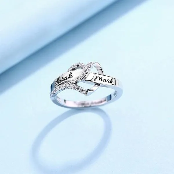 Belbren Rings Custom Engraved TwoName Infinity Heart Ring in Sterling Silver with Sparkling Cubic Zirconia
