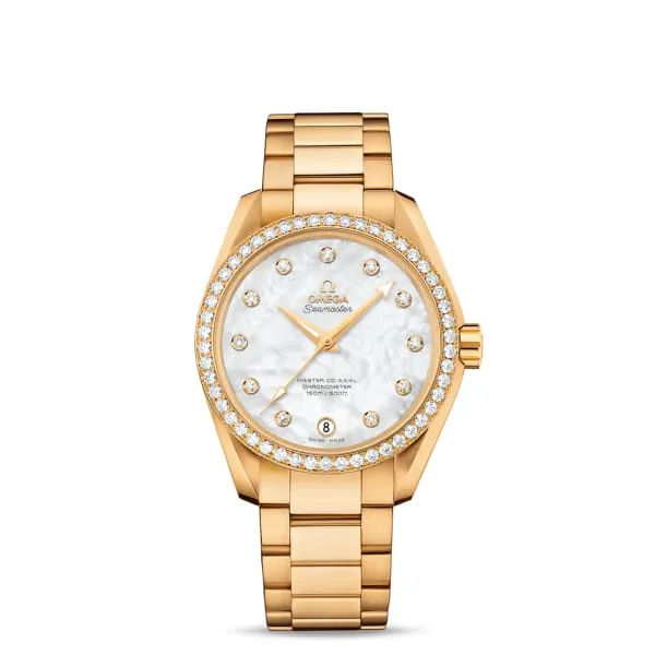 Bracelets Omega Omega Seamaster 39mm Watch Ref 23155392155002 White Mother of Pearl Diamond Index Dial Diamond Bezel 18K Yellow Gold Bracelet Bracelets Omega Omega Seamaster 39mm Watch Ref 23155392155002 White Mother of Pearl Diamond Index Dial Diamond Bezel 18K Yellow Gold Bracelet