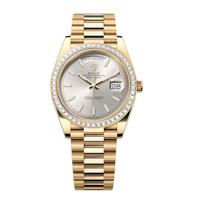 Bracelets Rolex Day Date 40mm Ref 228398TBR Silver Stick Dial Diamond Bezel 18K Yellow Gold President Bracelet Mens Watch Rolex Bracelets Rolex Day Date 40mm Ref 228398TBR Silver Stick Dial Diamond Bezel 18K Yellow Gold President Bracelet Mens Watch Rolex