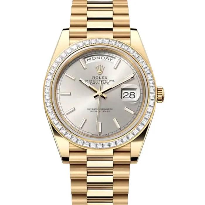 Bracelets Rolex Day Date 40mm Ref 228398TBR Silver Stick Dial Diamond Bezel 18K Yellow Gold President Bracelet Mens Watch Rolex