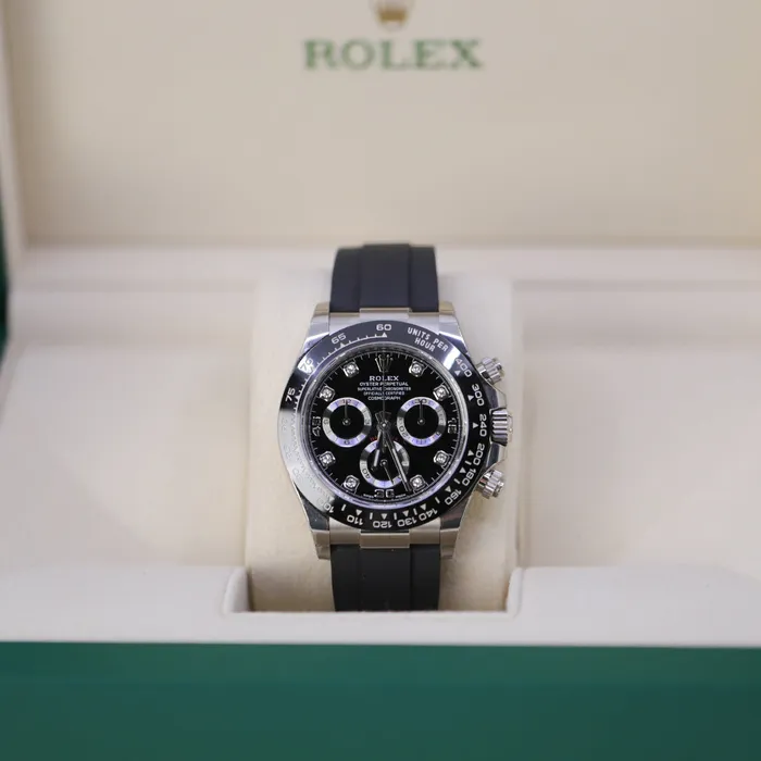 Bracelets Rolex Rolex Cosmograph Daytona 40mm Ref 116519LN bkdof Black Diamond Dial Ceramic Bezel 18K White Gold Case Black Oysterflex Bracelet Mens Watch