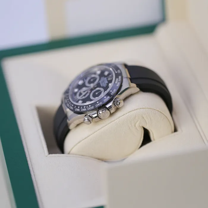 Bracelets Rolex Rolex Cosmograph Daytona 40mm Ref 116519LN bkdof Black Diamond Dial Ceramic Bezel 18K White Gold Case Black Oysterflex Bracelet Mens Watch