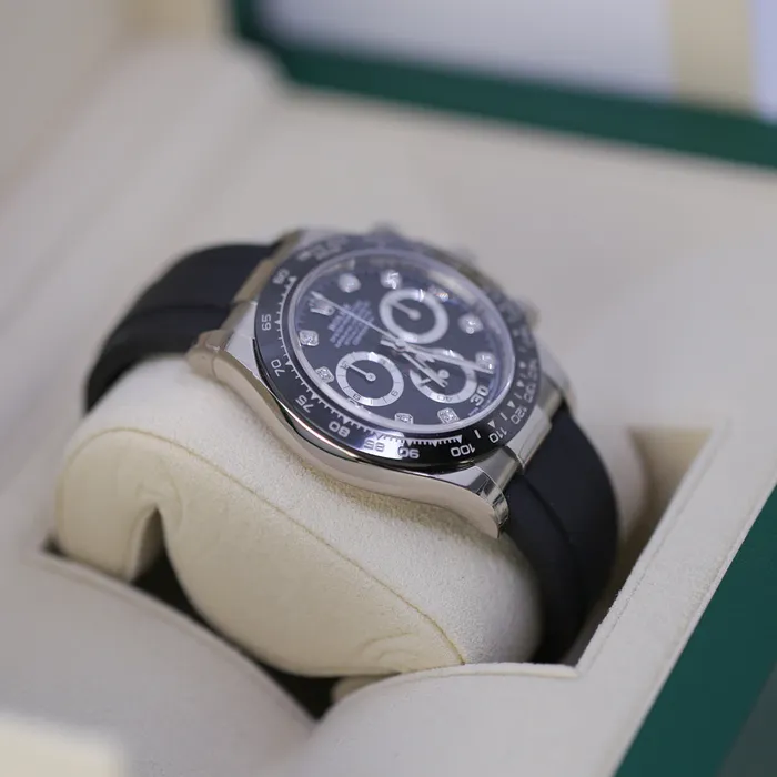 Bracelets Rolex Rolex Cosmograph Daytona 40mm Ref 116519LN bkdof Black Diamond Dial Ceramic Bezel 18K White Gold Case Black Oysterflex Bracelet Mens Watch