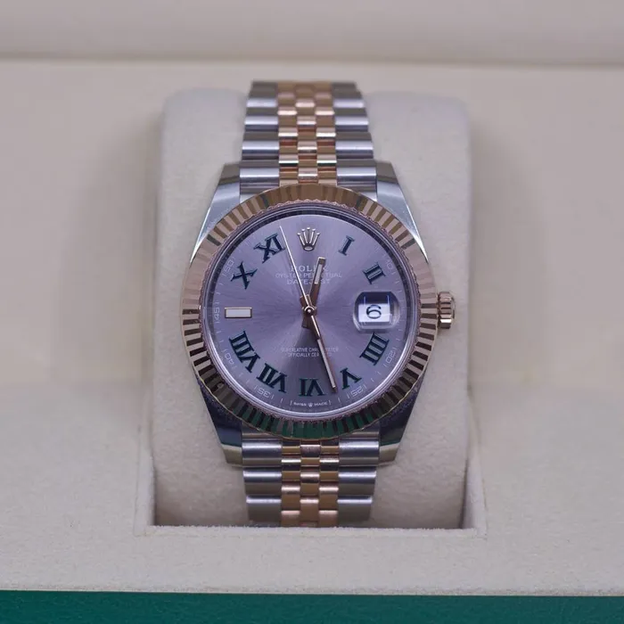 Bracelets Rolex Rolex Datejust 41mm Ref 1263310016 Slate Grey Wimbledon Roman Dial Fluted Bezel Two Tone Stainless Steel 18K Rose Gold Jubilee Bracelet Mens Watch