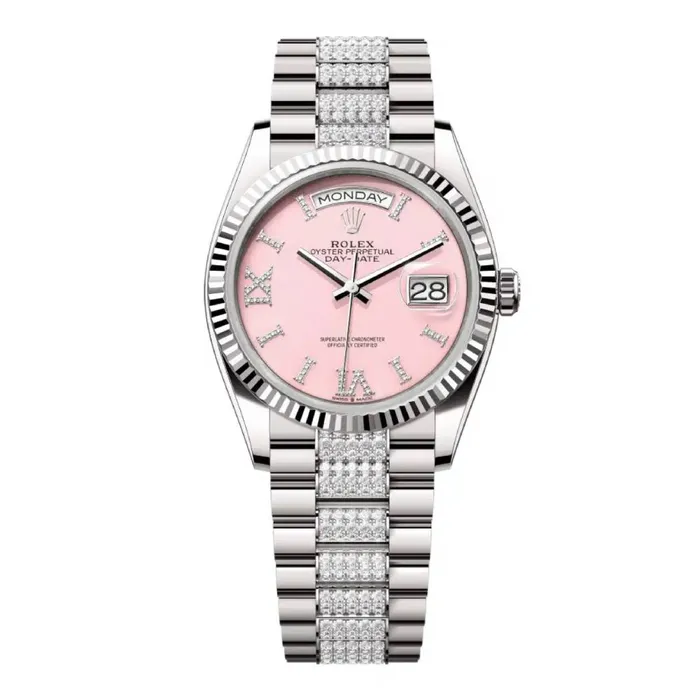 Bracelets Rolex Rolex Day Date 36mm Ref 1282390030 Pink Opal Diamond Dial Fluted Bezel 18K White Gold Diamonds President Bracelet Watch Bracelets Rolex Rolex Day Date 36mm Ref 1282390030 Pink Opal Diamond Dial Fluted Bezel 18K White Gold Diamonds President Bracelet Watch