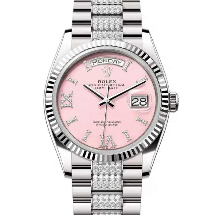 Bracelets Rolex Rolex Day Date 36mm Ref 1282390030 Pink Opal Diamond Dial Fluted Bezel 18K White Gold Diamonds President Bracelet Watch