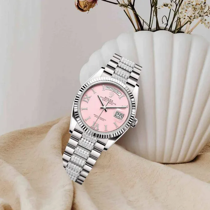 Bracelets Rolex Rolex Day Date 36mm Ref 1282390030 Pink Opal Diamond Dial Fluted Bezel 18K White Gold Diamonds President Bracelet Watch