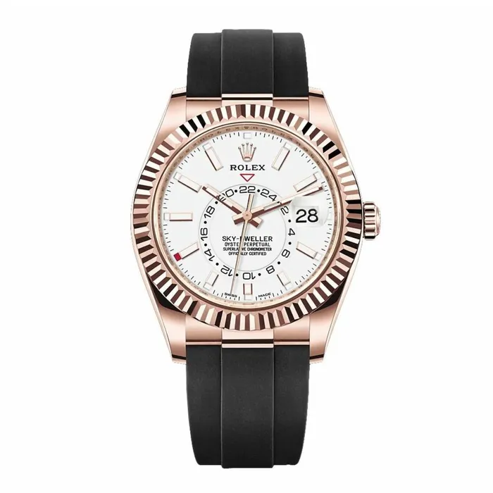 Bracelets Rolex SkyDweller 42mm Ref 3262350004 Intense White Stick Dial 18K Rose Gold Case Black Oysterflex Bracelet Watch Rolex Bracelets Rolex SkyDweller 42mm Ref 3262350004 Intense White Stick Dial 18K Rose Gold Case Black Oysterflex Bracelet Watch Rolex