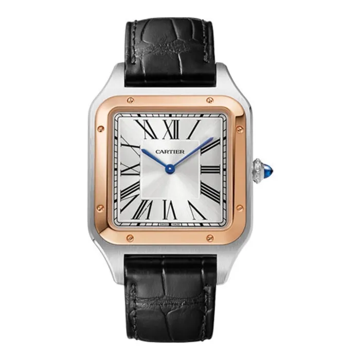 Cartier Santos Dumont 446mm Watch Ref W2SA0017 Silver Roman Dial 18K Rose Gold Bezel Black Alligator Strap Cartier Earrings Cartier Santos Dumont 446mm Watch Ref W2SA0017 Silver Roman Dial 18K Rose Gold Bezel Black Alligator Strap Cartier Earrings