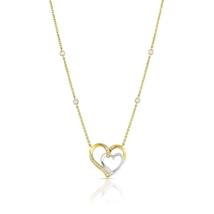 CJ Charles Jewelers 18K Yellow Gold Diamond Station Double Heart Pendant Necklace Necklaces