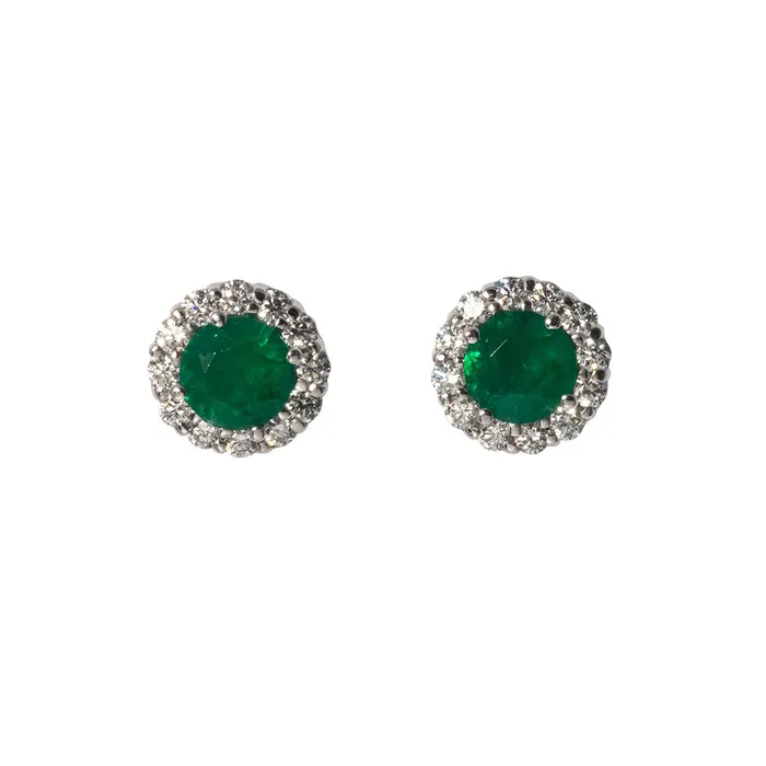 Croghans Earrings 15ct Emerald Diamond Halo 18K White Gold Stud Earrings