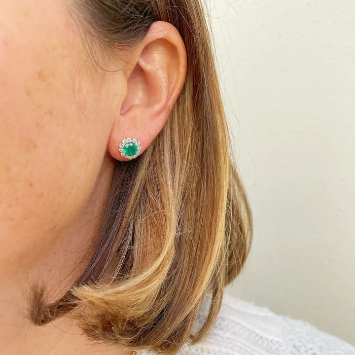 Croghans Earrings 15ct Emerald Diamond Halo 18K White Gold Stud Earrings