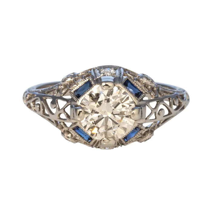 Croghans Rings Art Deco Style 1ct Diamond Sapphire Platinum Filigree Ring Croghans Rings Art Deco Style 1ct Diamond Sapphire Platinum Filigree Ring