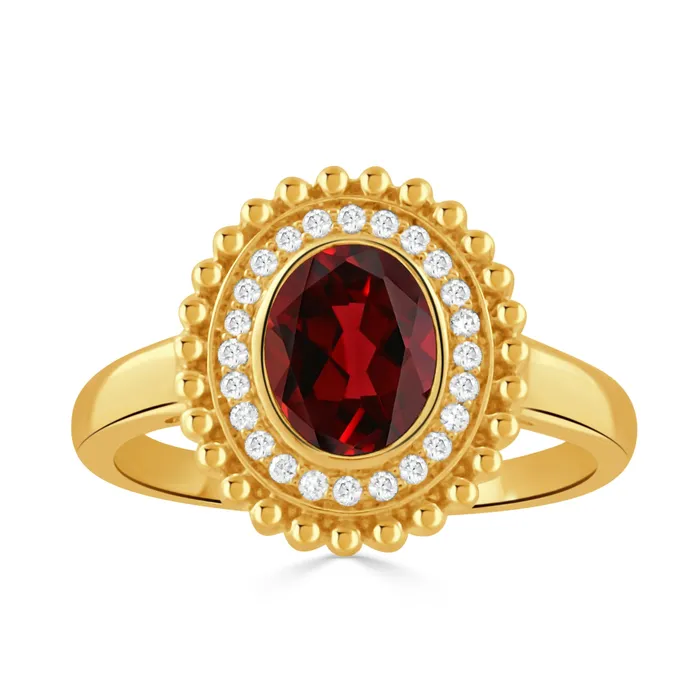 Croghans Rings Oval Garnet Diamond 18K Yellow Gold Beaded Ring