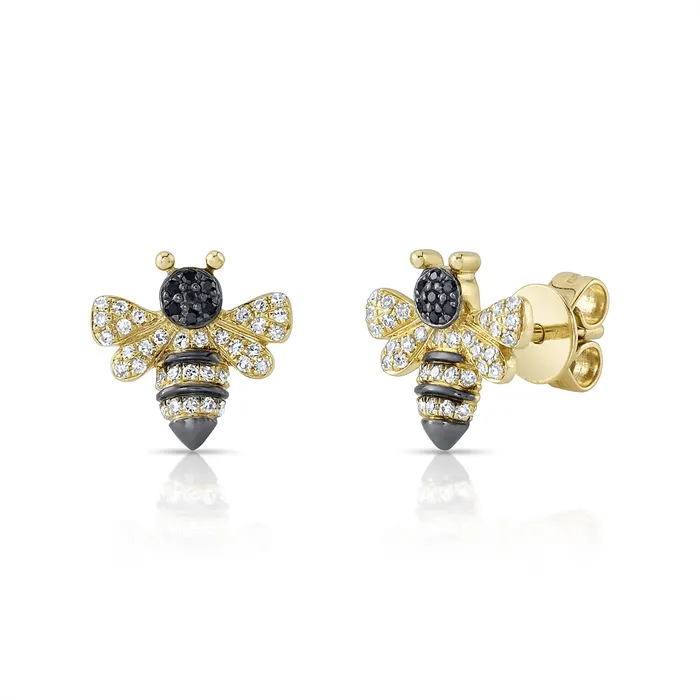 Earrings 14K Yellow Gold Black and White Diamond Bee Stud Earrings Meierotto Jewelers Earrings 14K Yellow Gold Black and White Diamond Bee Stud Earrings Meierotto Jewelers