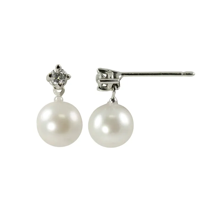 Earrings Croghans 6mm Akoya Pearl Diamond Drop 14K White Gold Earrings