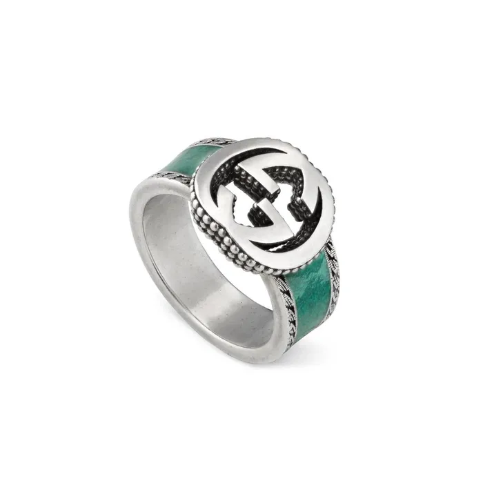 Gucci Sterling Silver Turquoise Enamel Interlocking G Ring Gucci Rings