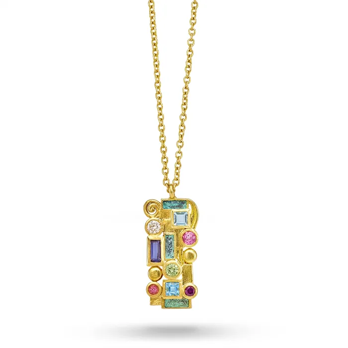Gurhan Necklaces Gurhan 22K Yellow Gold Vertical Rectangle Pendant Necklace with Mixed Stones Gurhan Necklaces Gurhan 22K Yellow Gold Vertical Rectangle Pendant Necklace with Mixed Stones