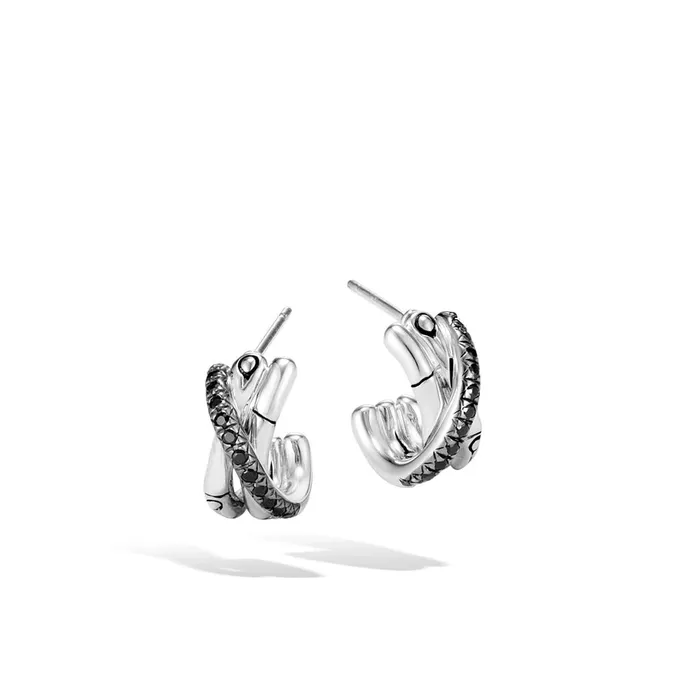 John Hardy John Hardy Bamboo Sterling Silver J Hoop Earrings with Black Sapphires Black Spinel Earrings