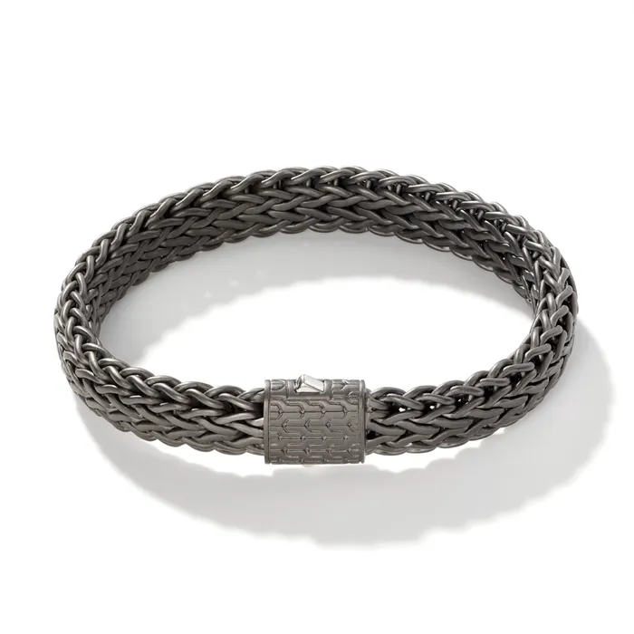John Hardy Mens Classic Chain Silver with Matte BlackGrey Rhodium Large Flat Chain Bracelet Size Univeral Large John Hardy Bracelets