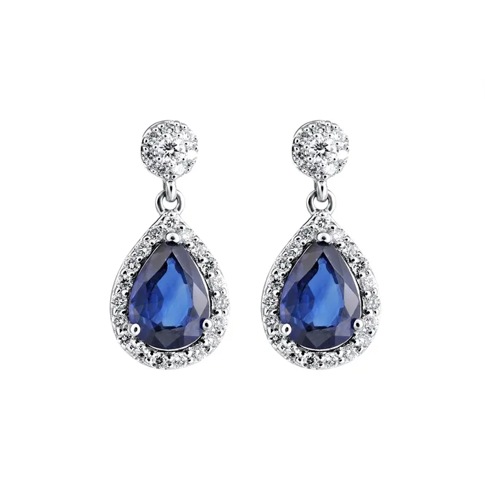 Meierotto Jewelers 18K White Gold Pear Sapphire with Diamond Halo Dangle Earrings Earrings Meierotto Jewelers 18K White Gold Pear Sapphire with Diamond Halo Dangle Earrings Earrings