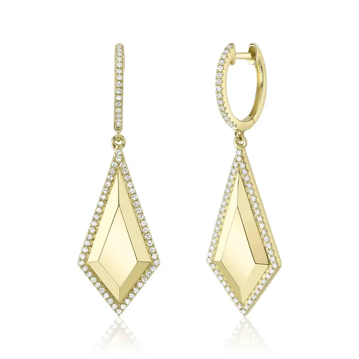 Meierotto Jewelers Earrings 14K Yellow Gold Brushed Elongated Diamond Halo Dangle Earrings