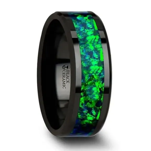 Mens Bands Rings Black Ceramic 8mm Band with Blue Green Opal Inlay