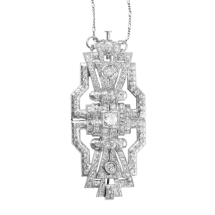 Necklaces CJ Charles Jewelers 18k White Gold 4ct Estate Diamond Convertible Brooch Necklace Necklaces CJ Charles Jewelers 18k White Gold 4ct Estate Diamond Convertible Brooch Necklace