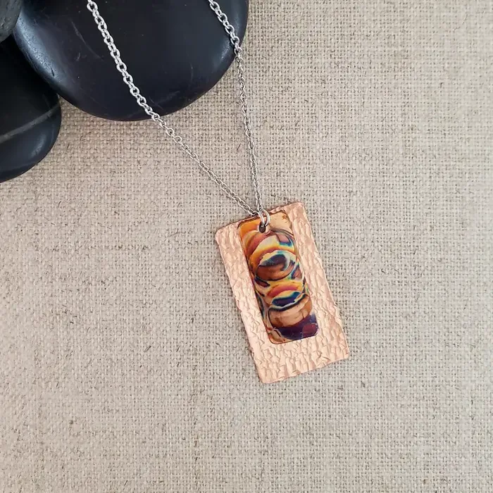 Necklaces Covaly Artisan Jewelry Rectangular Flame Painted Copper Layered Necklace Necklaces Covaly Artisan Jewelry Rectangular Flame Painted Copper Layered Necklace
